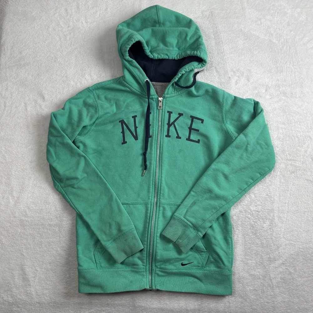 Nike Full Zip Green Spellout Long Sleeve Hoodie Distressed Women's Medium